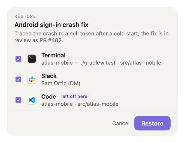 The Recall restore checklist for a thread: Terminal, Slack and Code, each ticked, Code marked left off here, with Cancel and Restore buttons