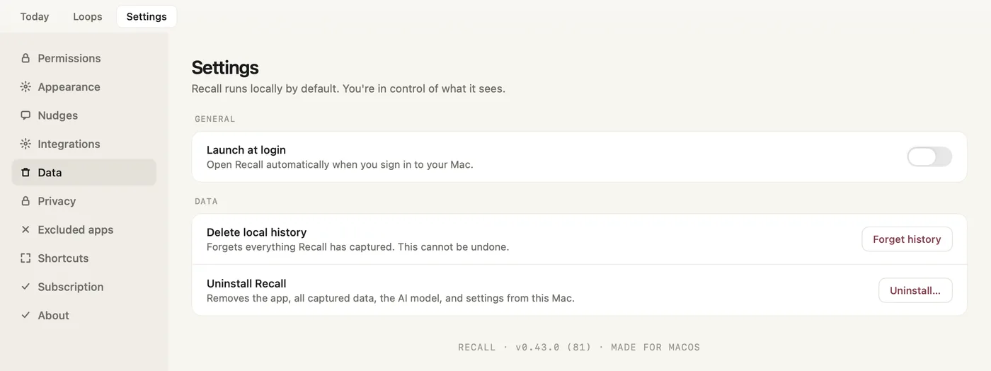 Recall Settings, Data: Launch at login, Delete local history with a Forget history button, and Uninstall Recall with an Uninstall button