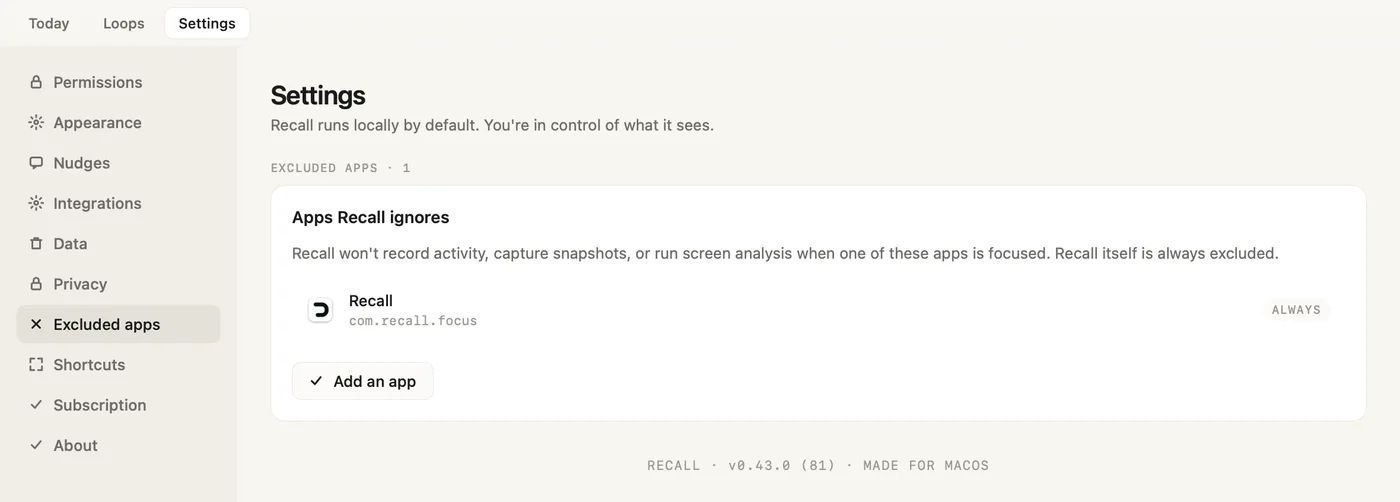 Recall Settings, Excluded apps: Apps Recall ignores, with Recall itself always on the list and an Add an app button