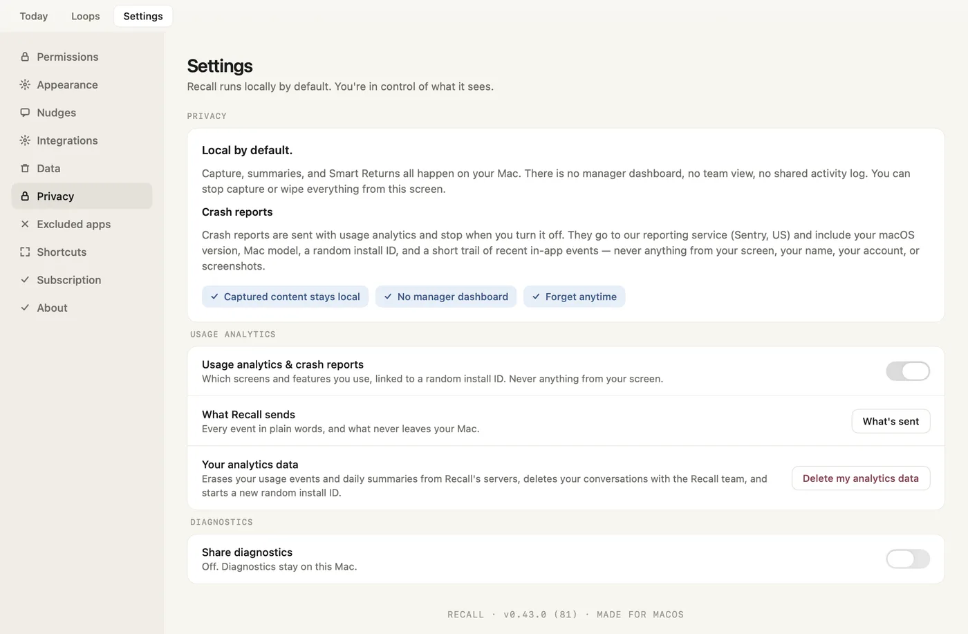 Recall Settings, Privacy: local by default, what a crash report carries, the Usage analytics and crash reports switch, What's sent and Delete my analytics data