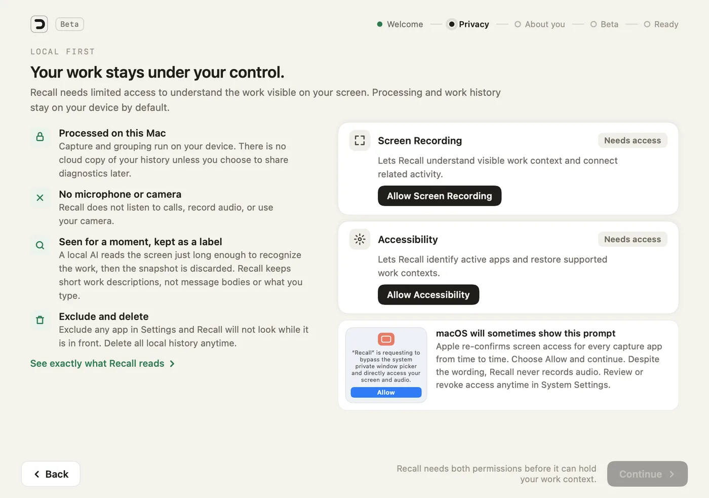 Recall setup, Privacy step: processed on this Mac, no microphone or camera, seen for a moment and kept as a label, exclude and delete, with the Screen Recording and Accessibility permissions and a note about the macOS prompt